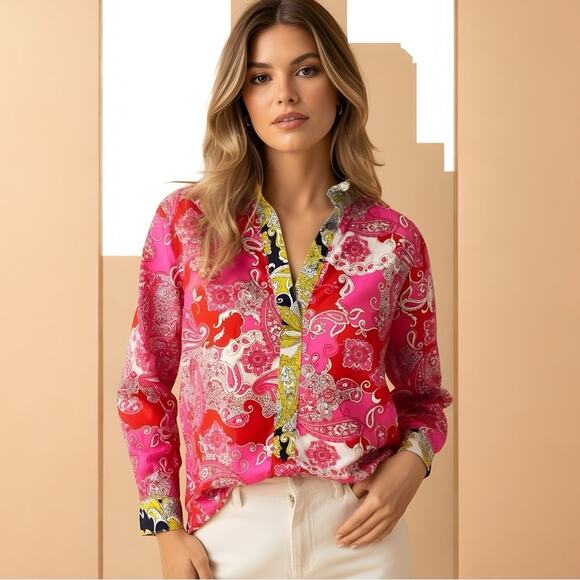 J. Crew NWOT XXS Pink Band Collar Poplin Popover Tunic Vintage Paisley Size XXS - Picture 2 of 5